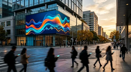 Pantalla digital DOOH en centro urbano mostrando métricas y datos de análisis en tiempo real