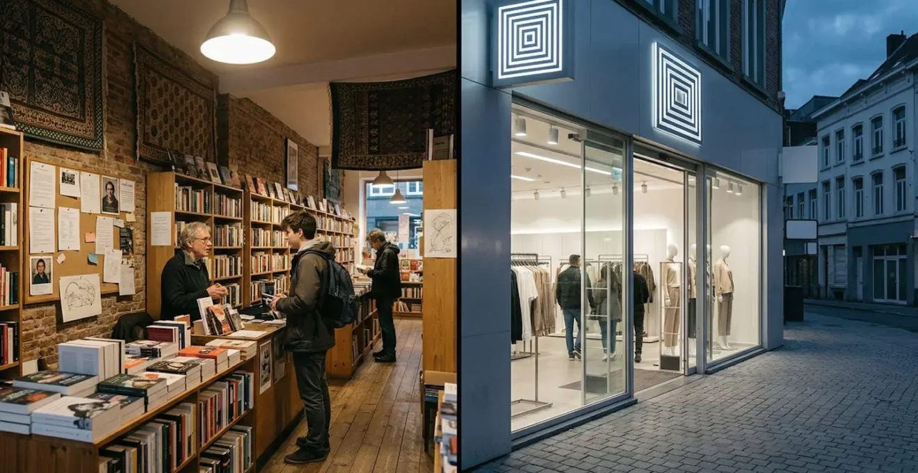 Pequeña tienda local con clientes mientras cadena nacional queda vacía