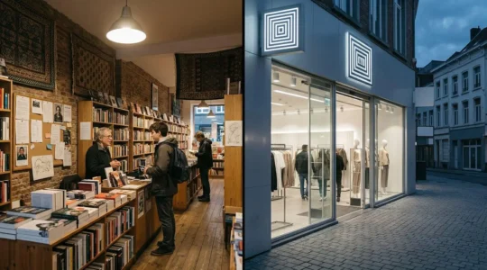 Pequeña tienda local con clientes mientras cadena nacional queda vacía