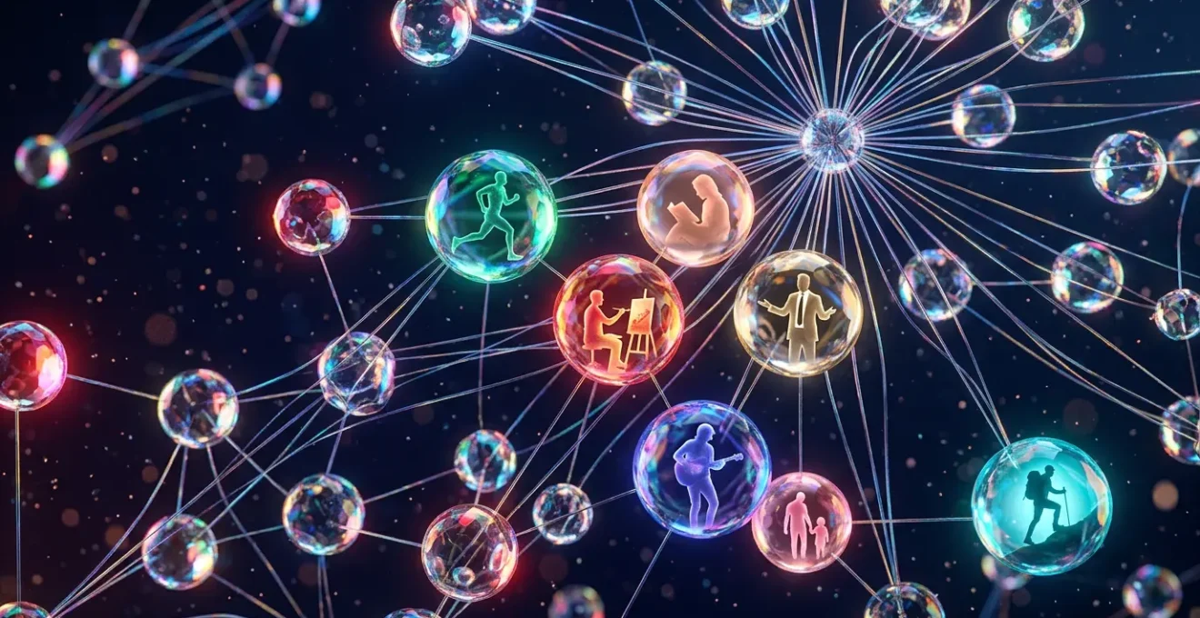 Red neuronal de conexiones visualizando diferentes perfiles psicográficos de audiencias segmentadas