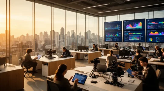 Panorama futurista de redacción multimedia con profesionales creando contenido digital diversificado