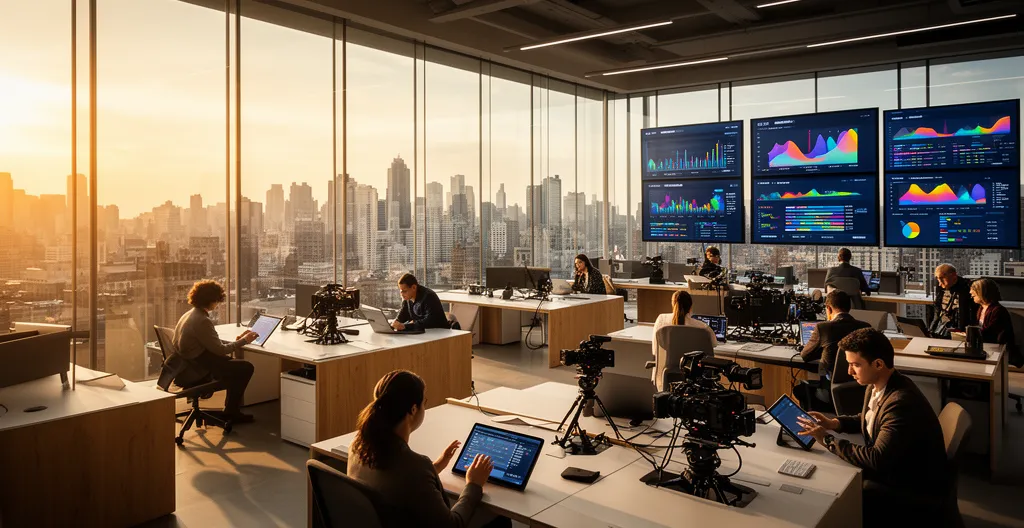 Panorama futurista de redacción multimedia con profesionales creando contenido digital diversificado