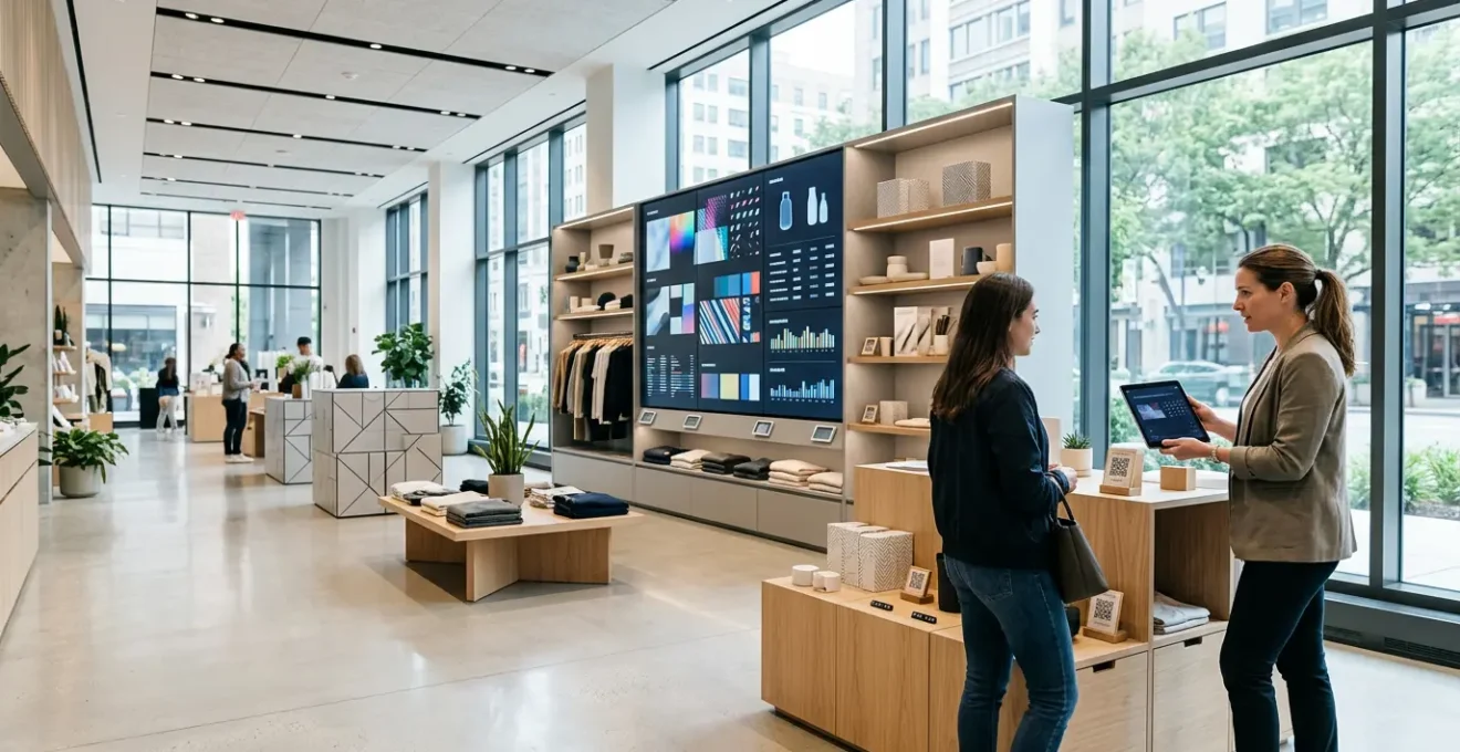 Vista panorámica de tienda minorista moderna con integración de tecnologías digitales y físicas
