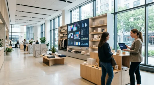 Vista panorámica de tienda minorista moderna con integración de tecnologías digitales y físicas