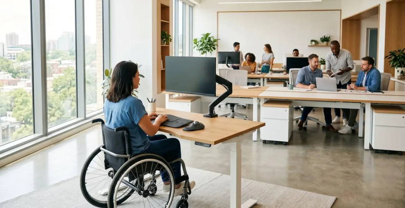 Espacio de trabajo inclusivo con dispositivos adaptativos sin pantallas visibles