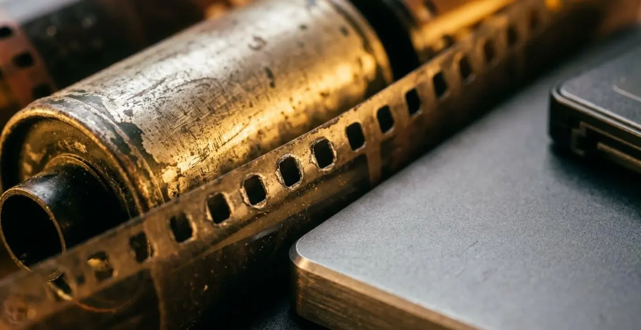 Detalle de carretes de película antiguos y unidades de almacenamiento digital modernas, simbolizando la monetización de archivos audiovisuales históricos.