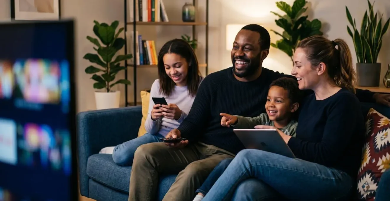 Familia viendo televisión conectada en salón moderno con dispositivos móviles