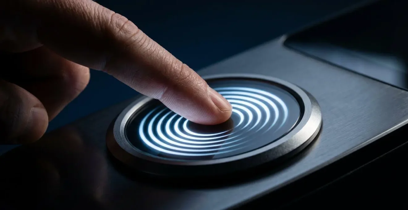 Dedo aproximándose a sensor biométrico con ondas de reconocimiento