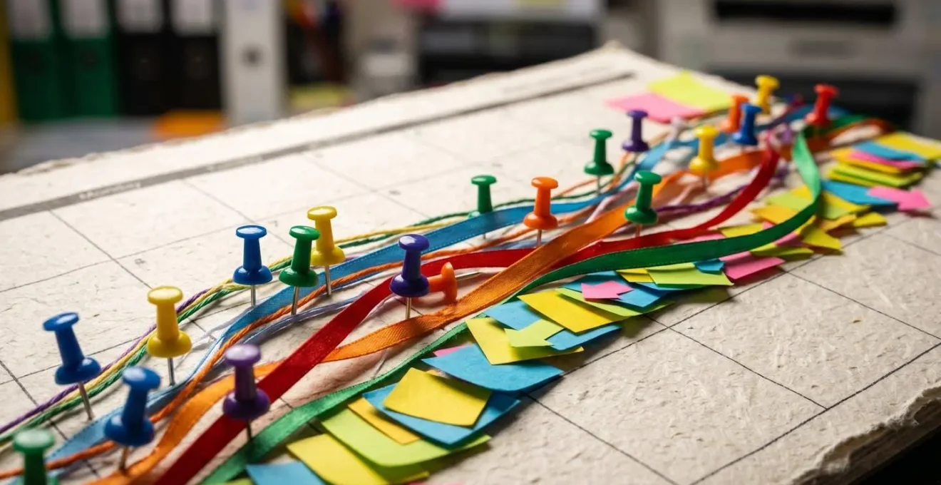 Vista macro de calendario físico con marcadores de colores representando intensidad de inversión en diferentes canales según temporada