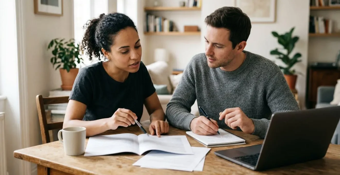 Pareja contemporánea revisando documentos financieros juntos en ambiente doméstico moderno