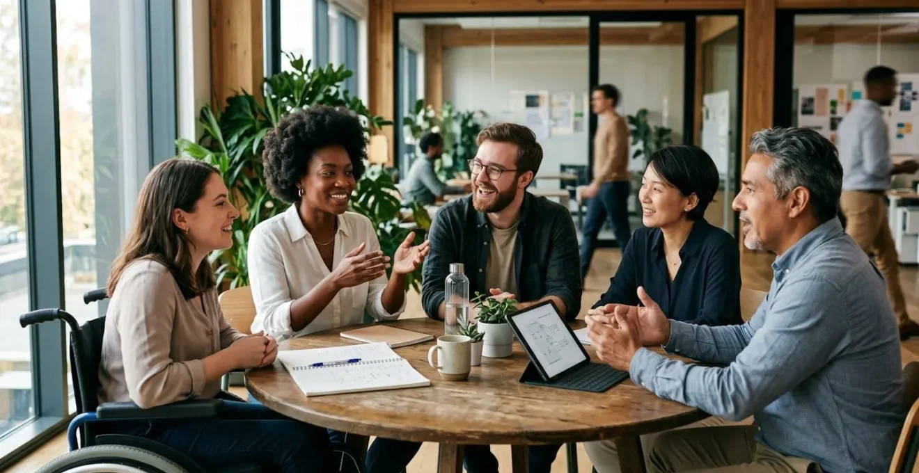 Profesionales diversos colaborando en un espacio de trabajo abierto y luminoso