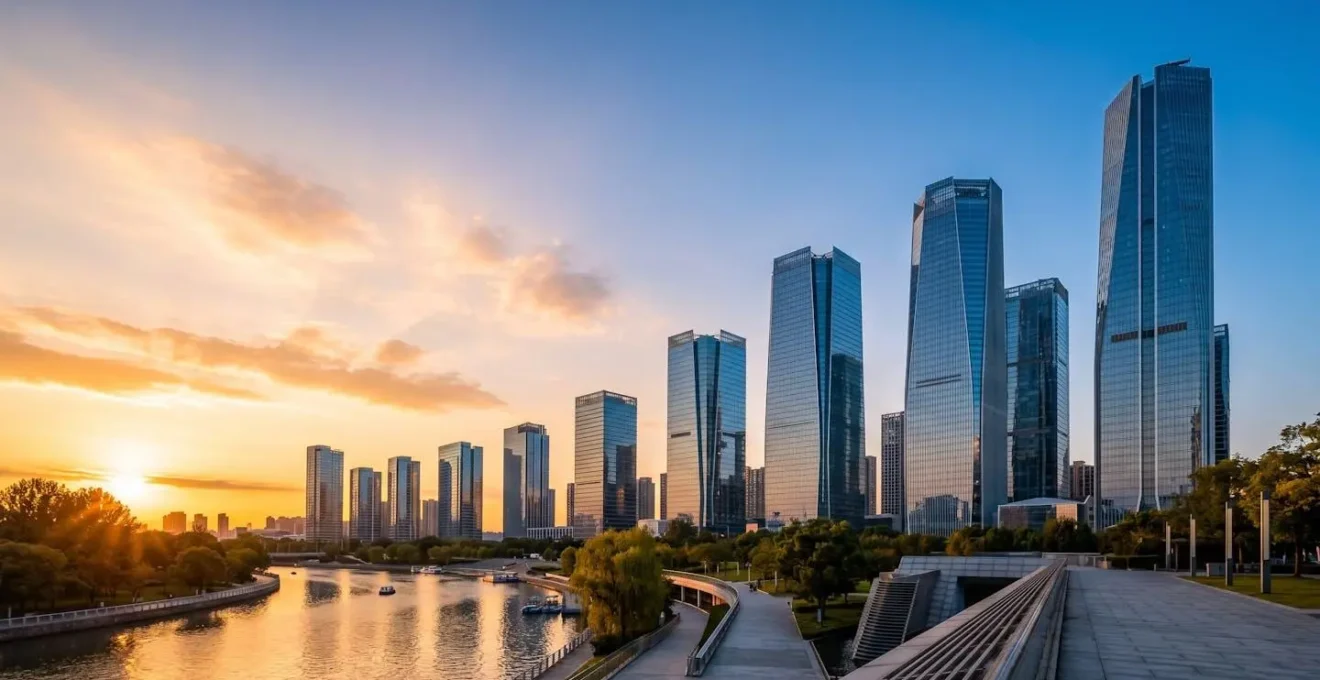 Vista panorámica de ciudad moderna con edificios corporativos al atardecer simbolizando expansión