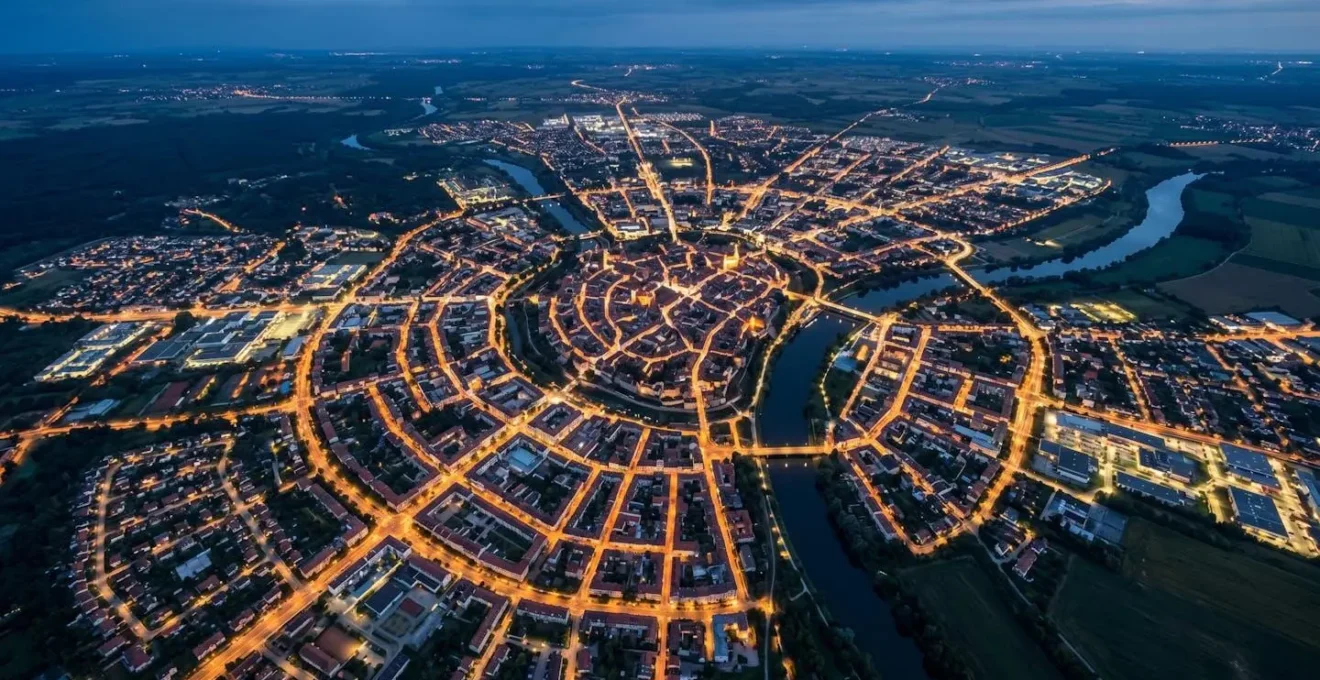Vista cenital de ciudad con zonas de expansión comercial marcadas en círculos concéntricos