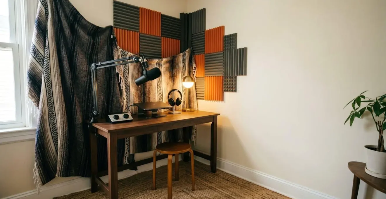 Configuración de estudio de podcast casero con tratamiento acústico DIY y equipo accesible