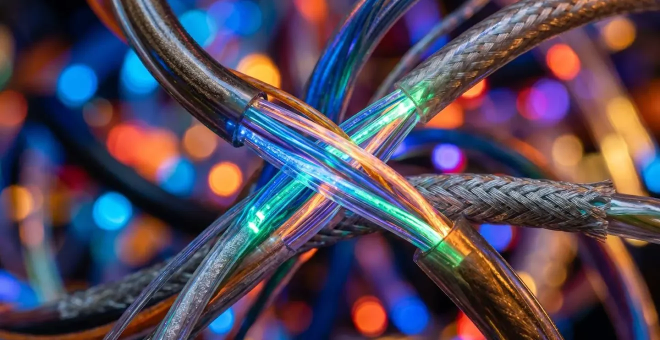 Vista macro de cables de fibra óptica entrelazados representando la integración de sistemas