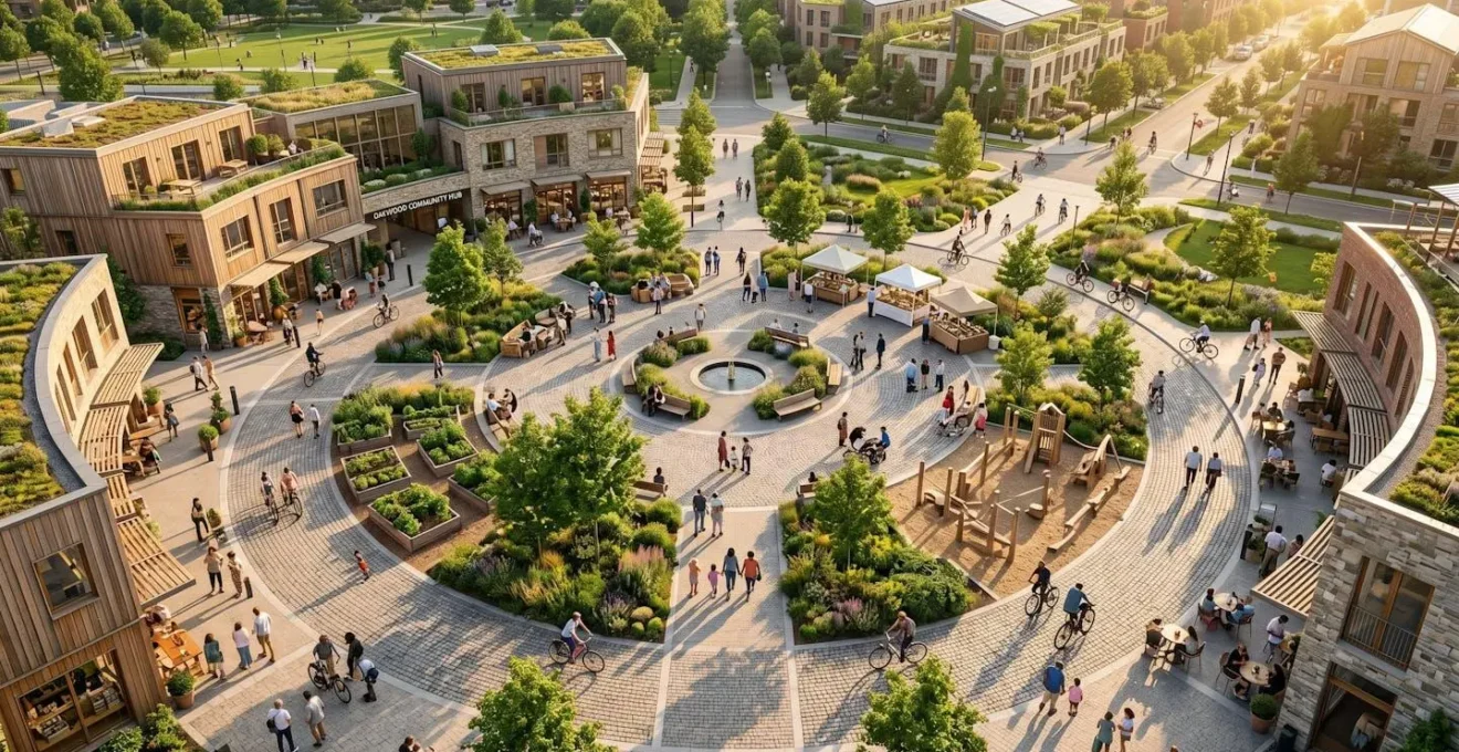 Vista aérea de una plaza comunitaria vibrante con negocios locales y espacios verdes