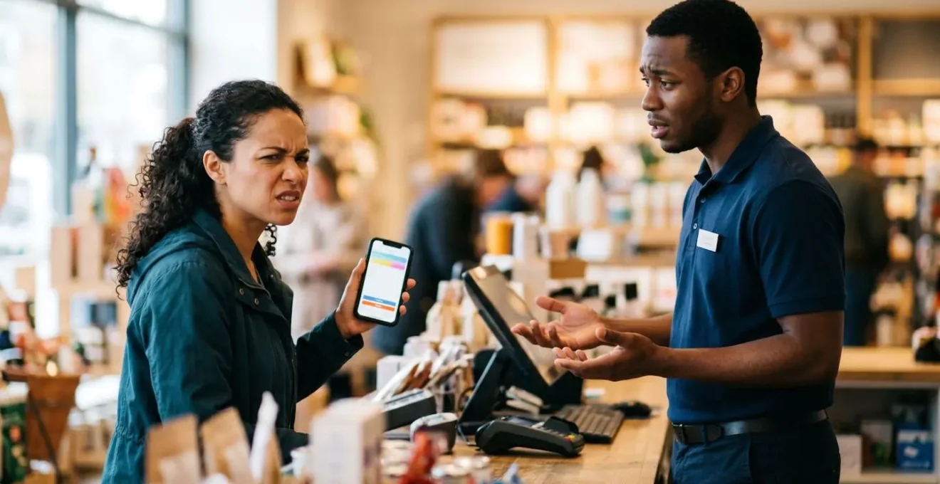 Escena emotiva de cliente en tienda física descubriendo que su pedido online no está disponible