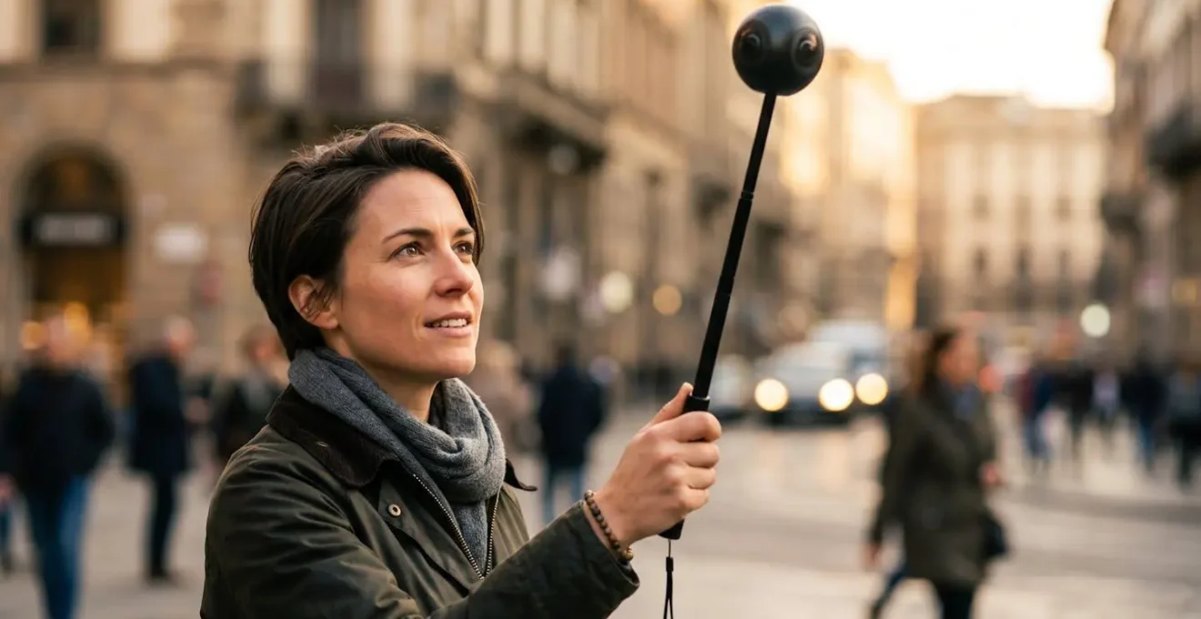 Camarógrafo profesional grabando con cámara 360 en entorno urbano dinámico