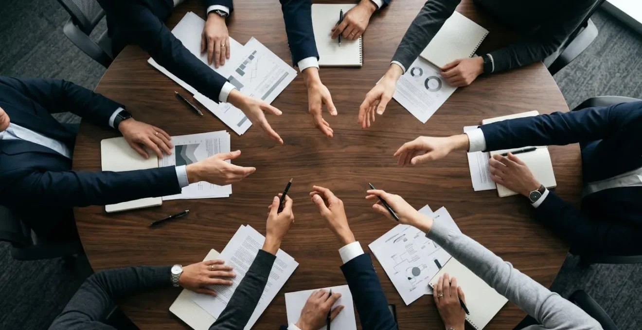 Mesa redonda de negociación empresarial con documentos y apretón de manos profesional