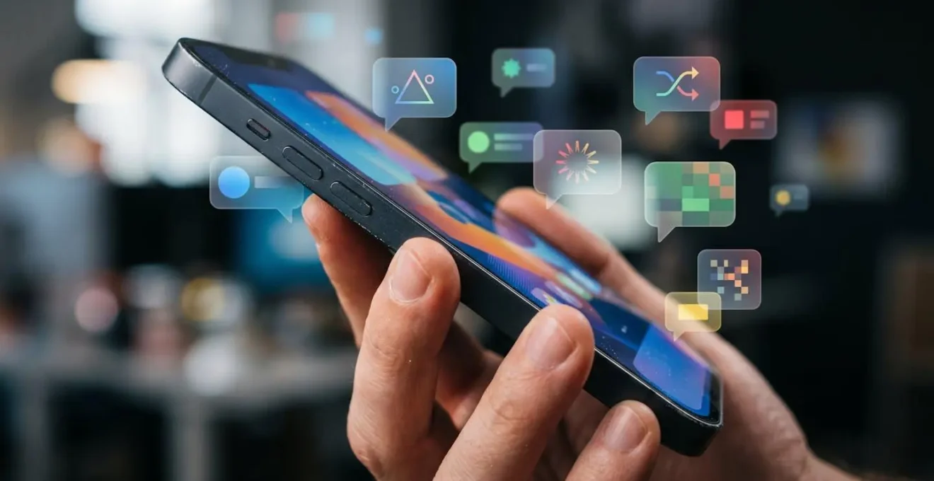 Mano sosteniendo smartphone con notificaciones contextuales flotando alrededor