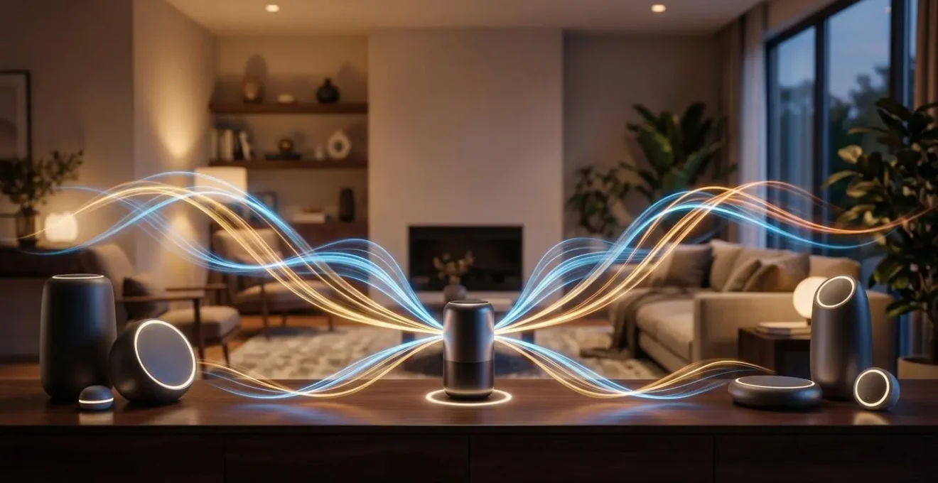 Ondas de voz abstractas interactuando con dispositivos inteligentes en un hogar moderno
