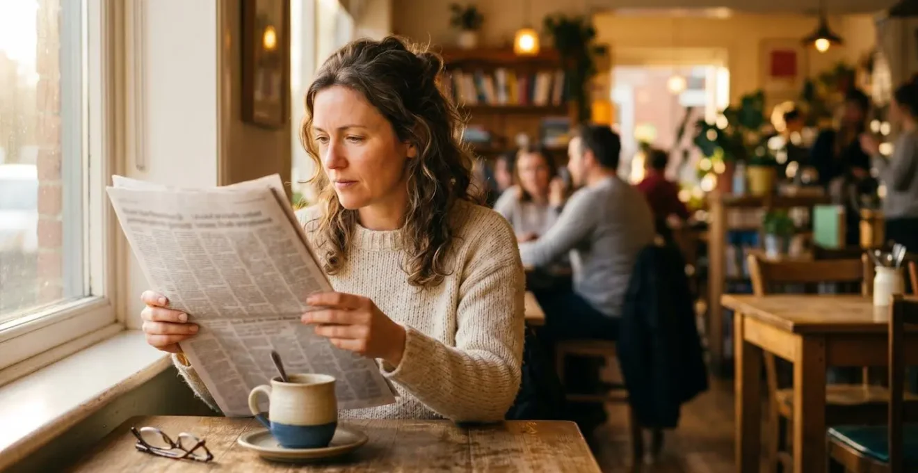 Lector concentrado con periódico local en ambiente relajado de cafetería