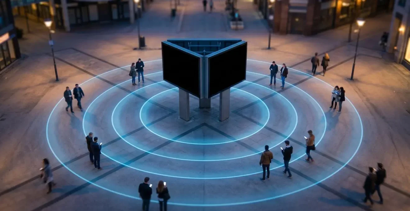 Visualización de datos de retargeting móvil alrededor de pantalla DOOH con zonas de geofencing